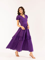 Royal Purple Pintuck Puff Sleeve Tiered Maxi Dress