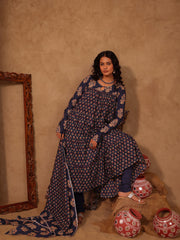 Aahana Navy Blue Floral Boota Print Cotton Anarkali Set