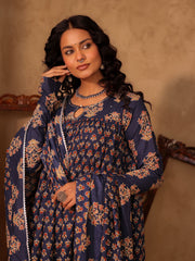 Aahana Navy Blue Floral Boota Print Cotton Anarkali Set