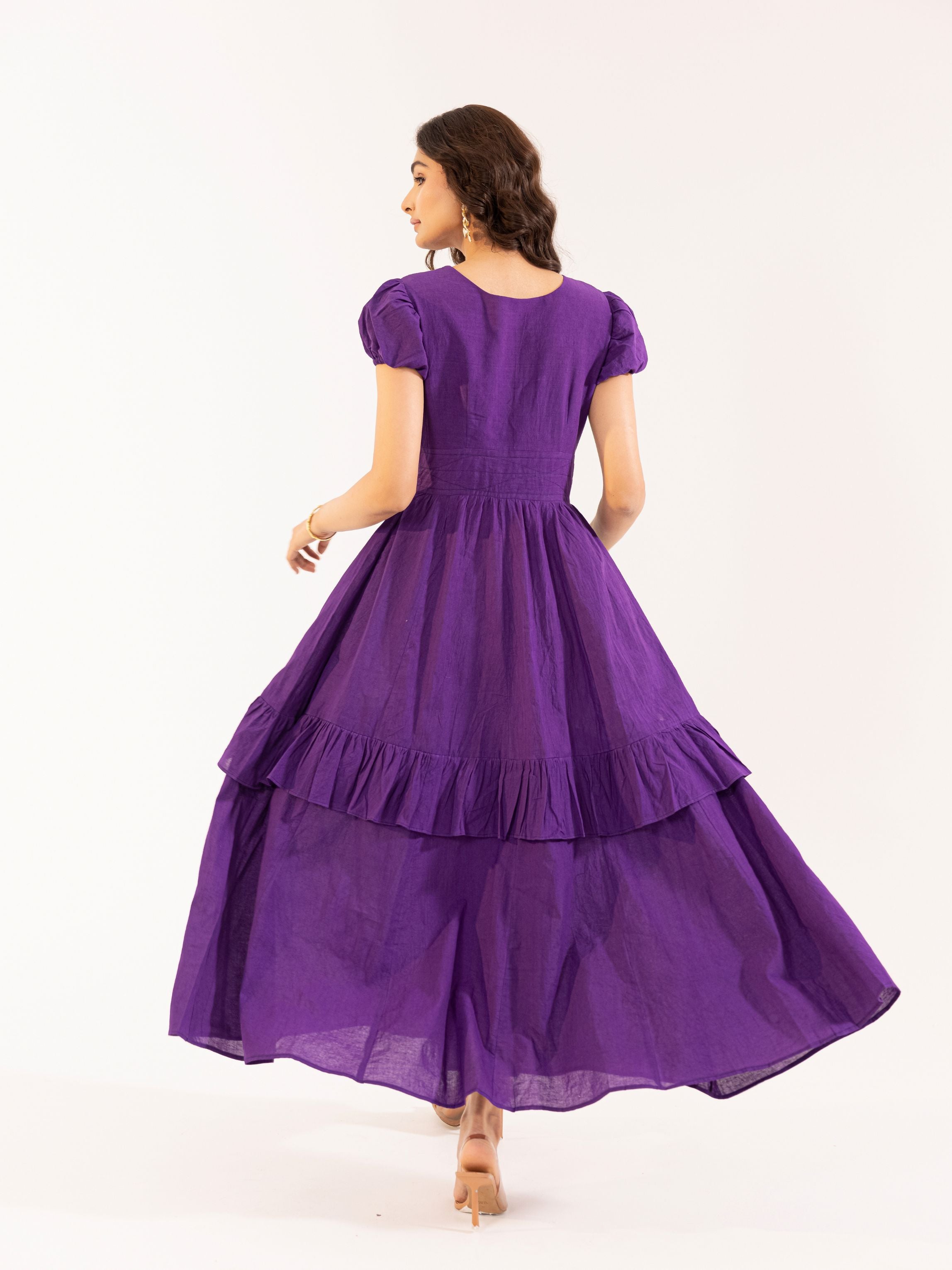 Royal Purple Pintuck Puff Sleeve Tiered Maxi Dress | ASHEERA