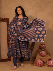 Aahana Navy Blue Floral Boota Print Cotton Anarkali Set