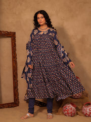 Aahana Navy Blue Floral Boota Print Cotton Anarkali Set