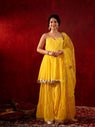 Leela Yellow Cotton Sharara Set, a vibrant Indian outfit featuring a yellow kurta, matching sharara pants, and a dupatta.