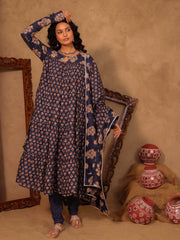 Aahana Navy Blue Floral Boota Print Cotton Anarkali Set