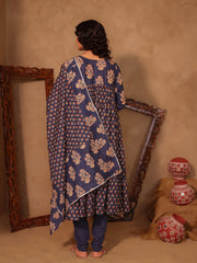 Aahana Navy Blue Floral Boota Print Cotton Anarkali Set