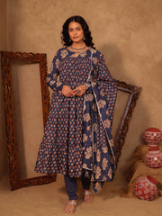 Aahana Navy Blue Floral Boota Print Cotton Anarkali Set