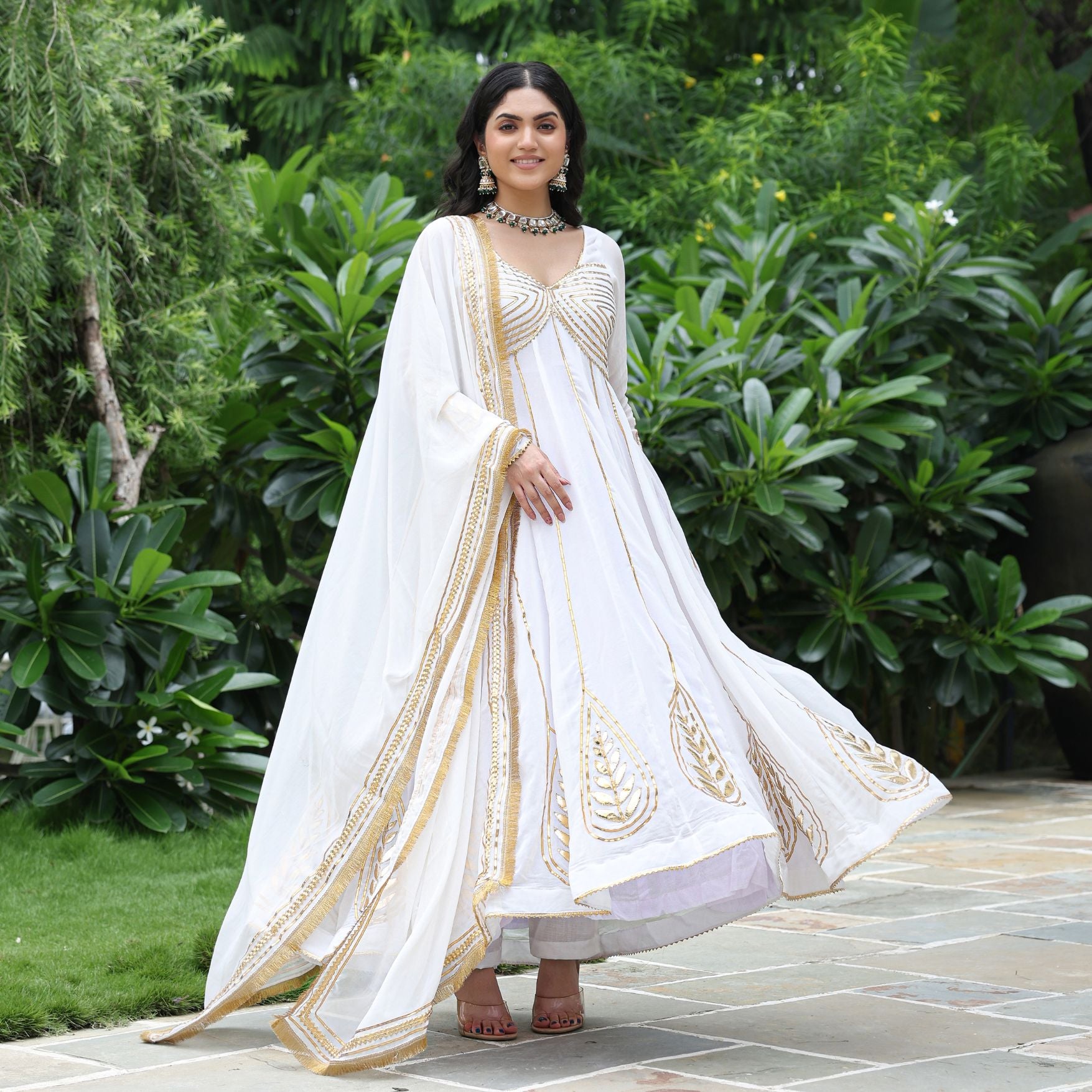 white anarkali dress Heavily Embroidered Chinon Set With Keyhole Neck less White Georgette White Anarkali Dresses Online in