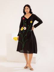 Black Floral Embroidered Cotton Midi Dress