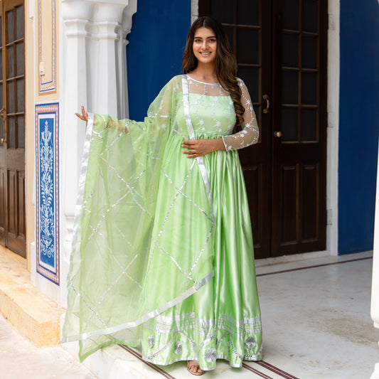 Soundarya Green Embroidered Gown Anarkali Suit Set