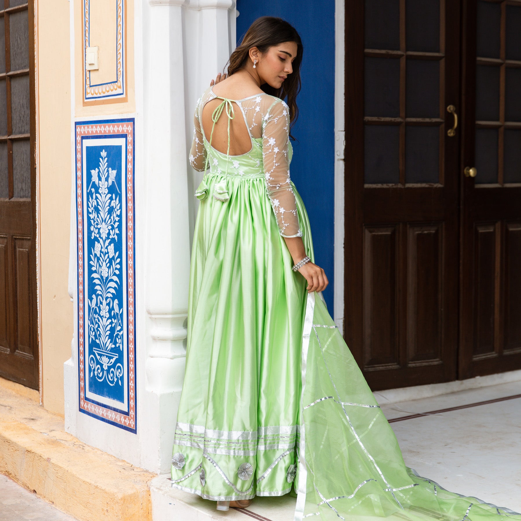 Soundarya Green Embroidered Gown Anarkali Suit Set – ASHEERA