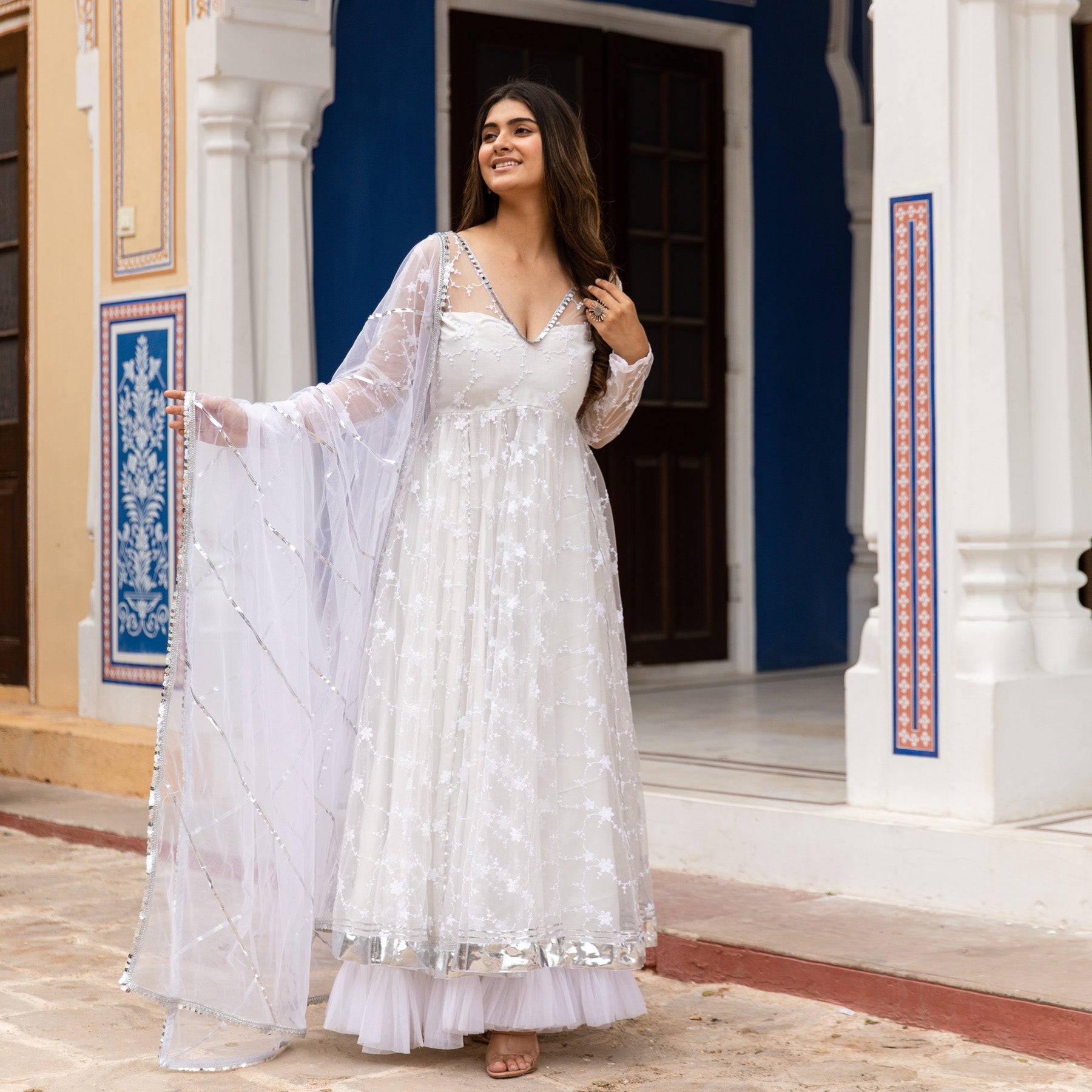 Buy White Anarkali Malai Chanderi And Dupatta Cotton Mul Print & With For  Women by Paulmi and Harsh Online at Aza Fashions.
