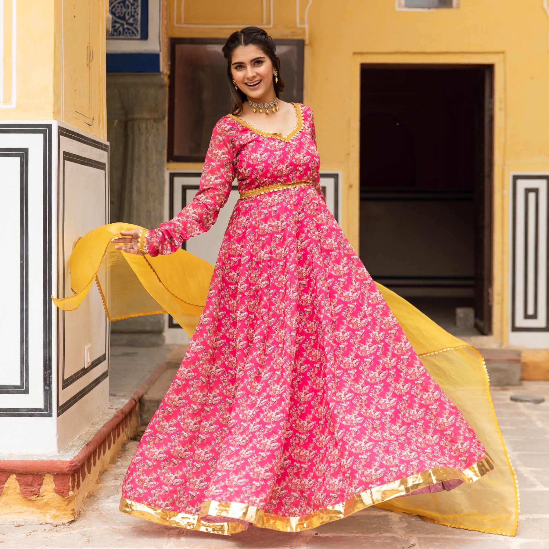 Beige Raw Silk Anarkali Gown With Gold,Resham Embroidery & Stylised Ba –  Chhabra 555