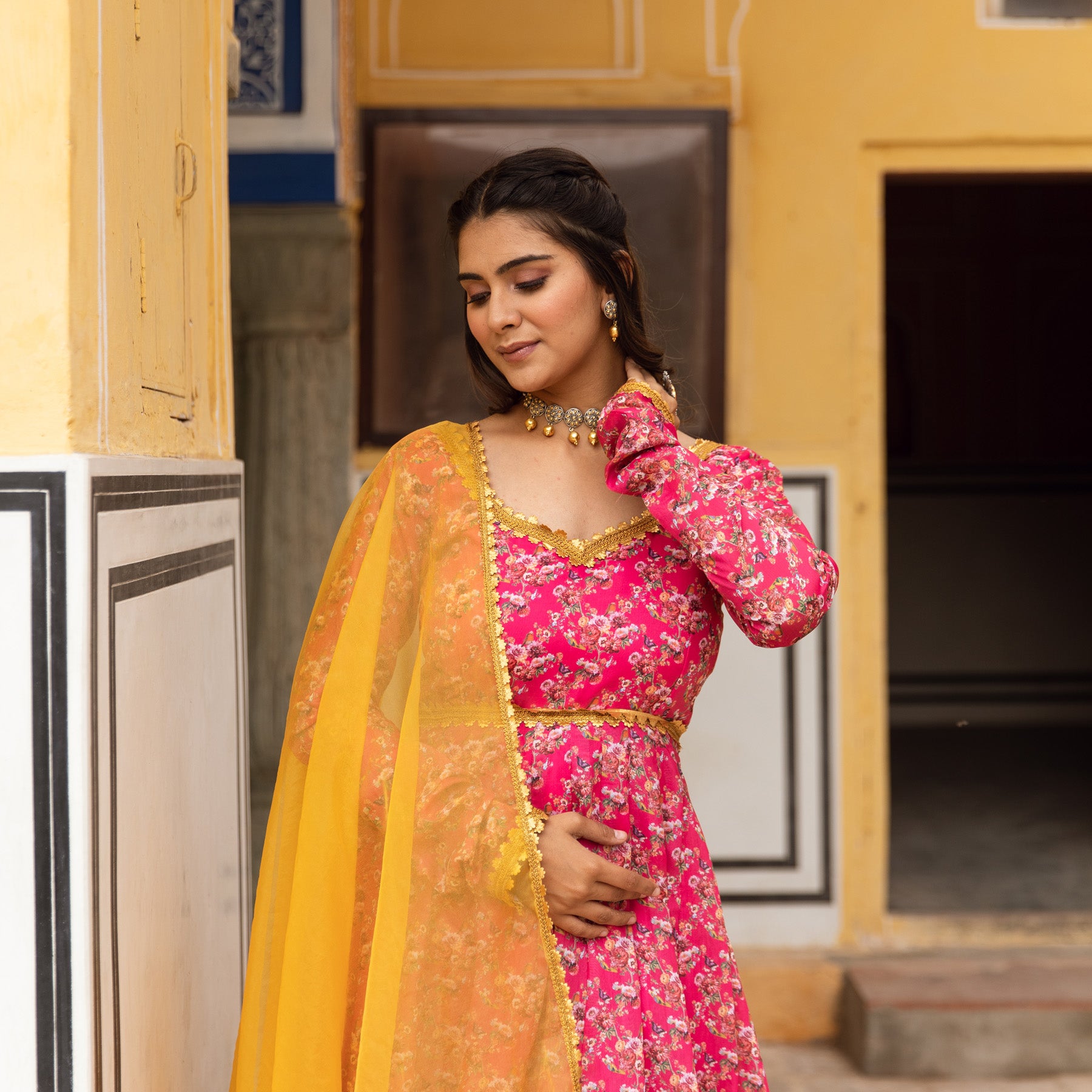 Lavanya Floral Printed Pink Anarkali Gown Suit Set – ASHEERA
