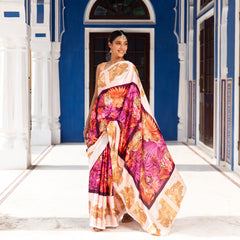 Baagh Printed Satin Silk Saree with Unstitched Blouse