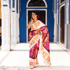 Baagh Printed Satin Silk Saree with Unstitched Blouse