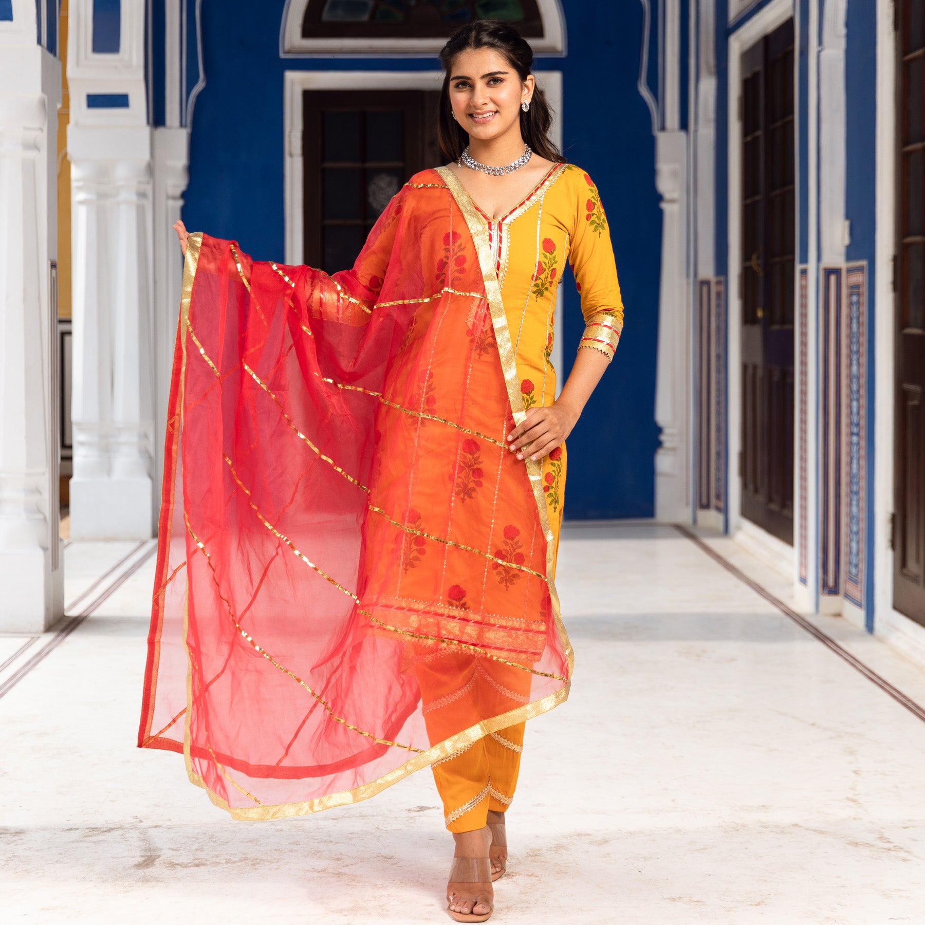 Red Orange Anarkali Set with Contrast Dupatta - Redpine Designs - East  Boutique