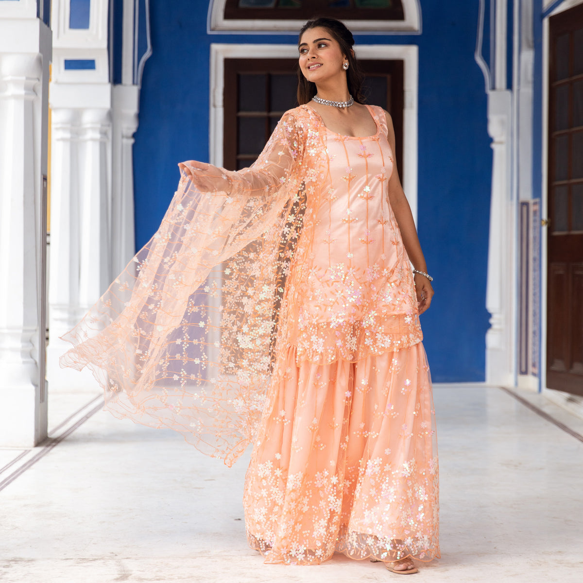 Peach Embroidered Sharara Suit Set