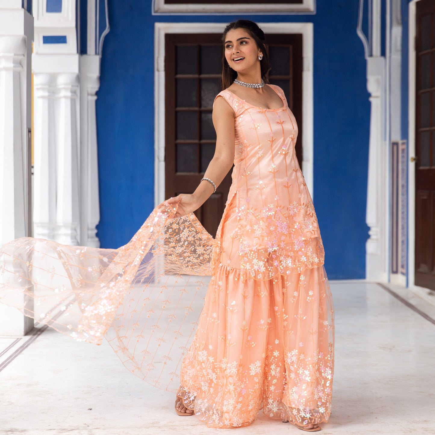 Peach Embroidered Sharara Suit Set