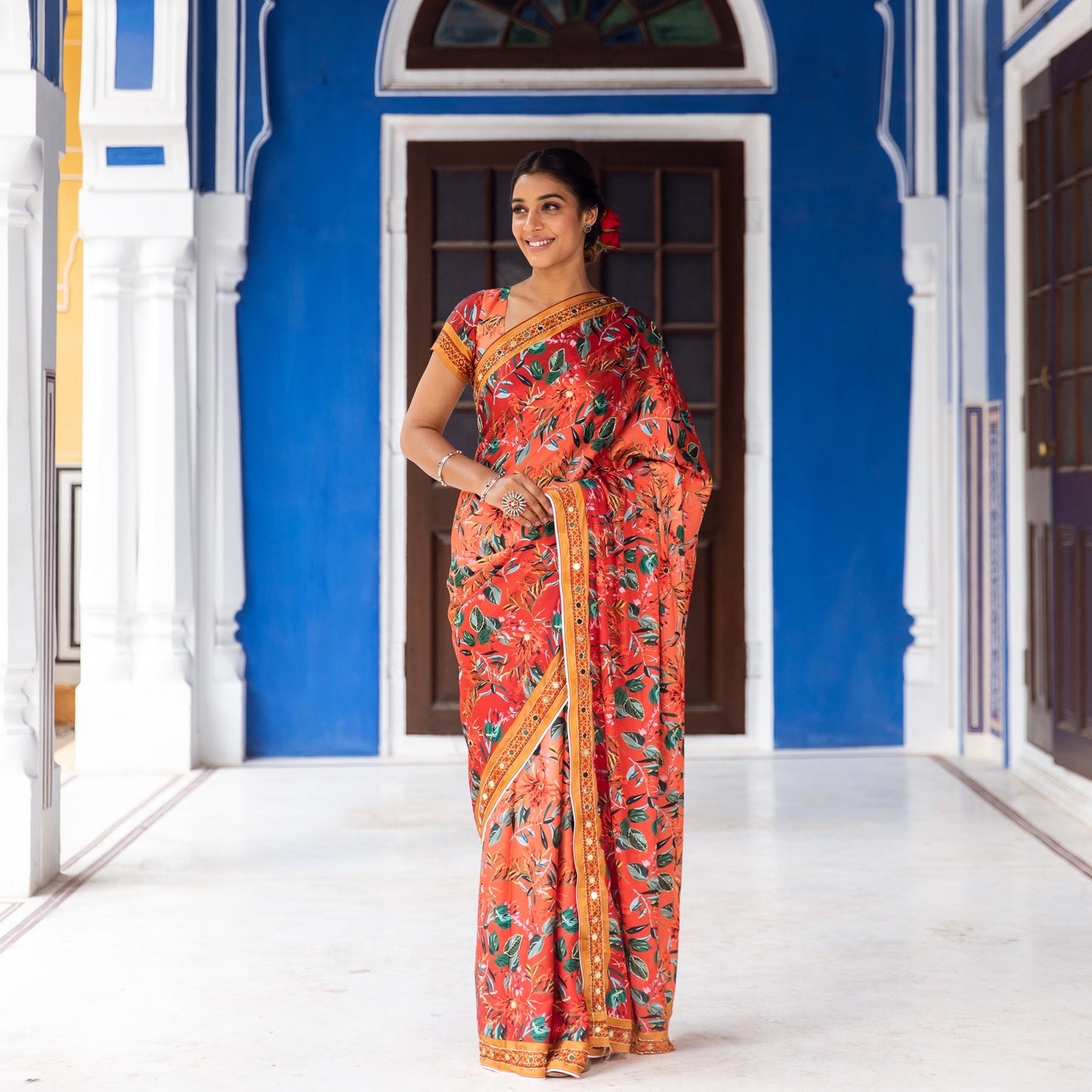 Floral Orange Satin Printed Mirror Work Saree with blouse