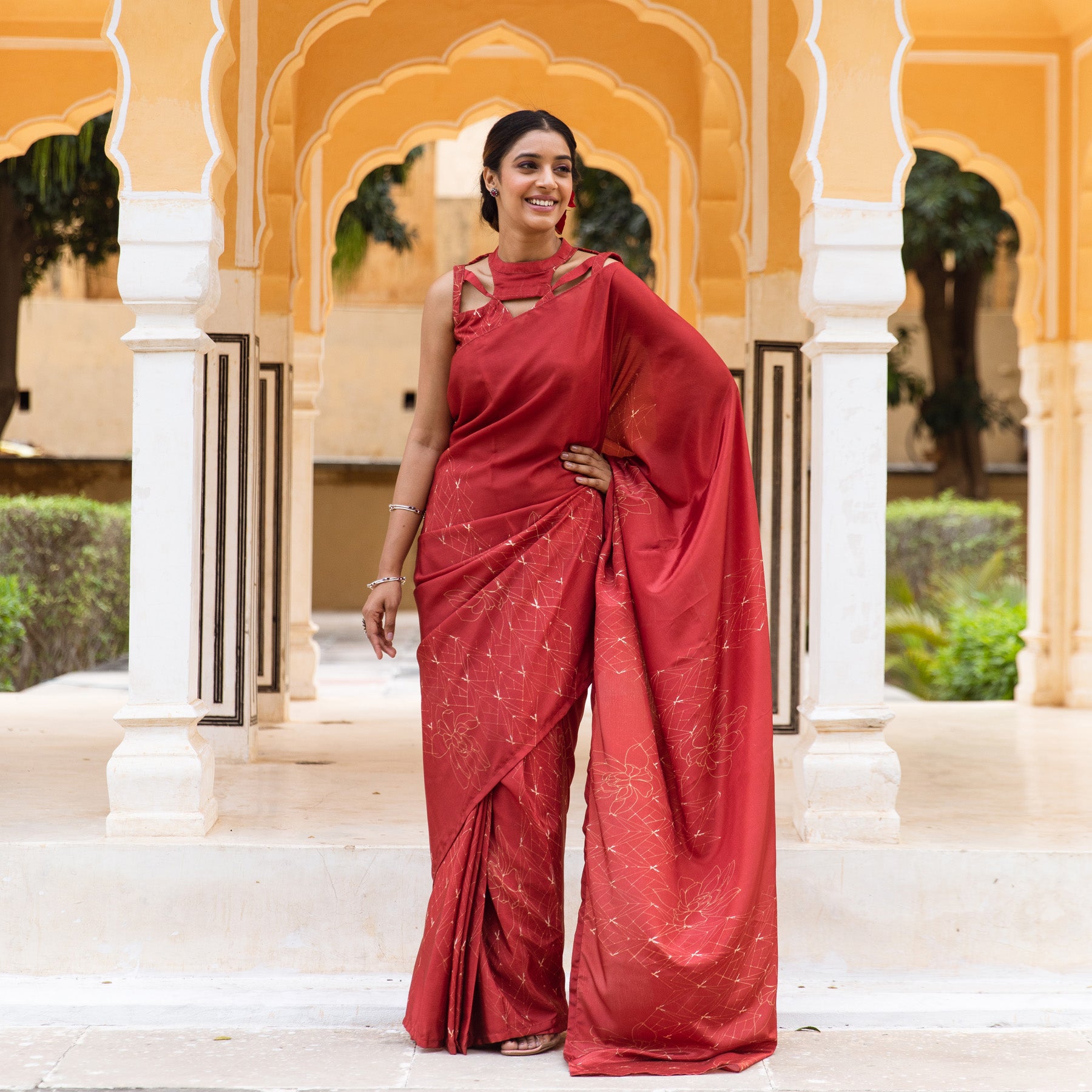 Pre-stitched saree with strappy blouse in Green Rosewood