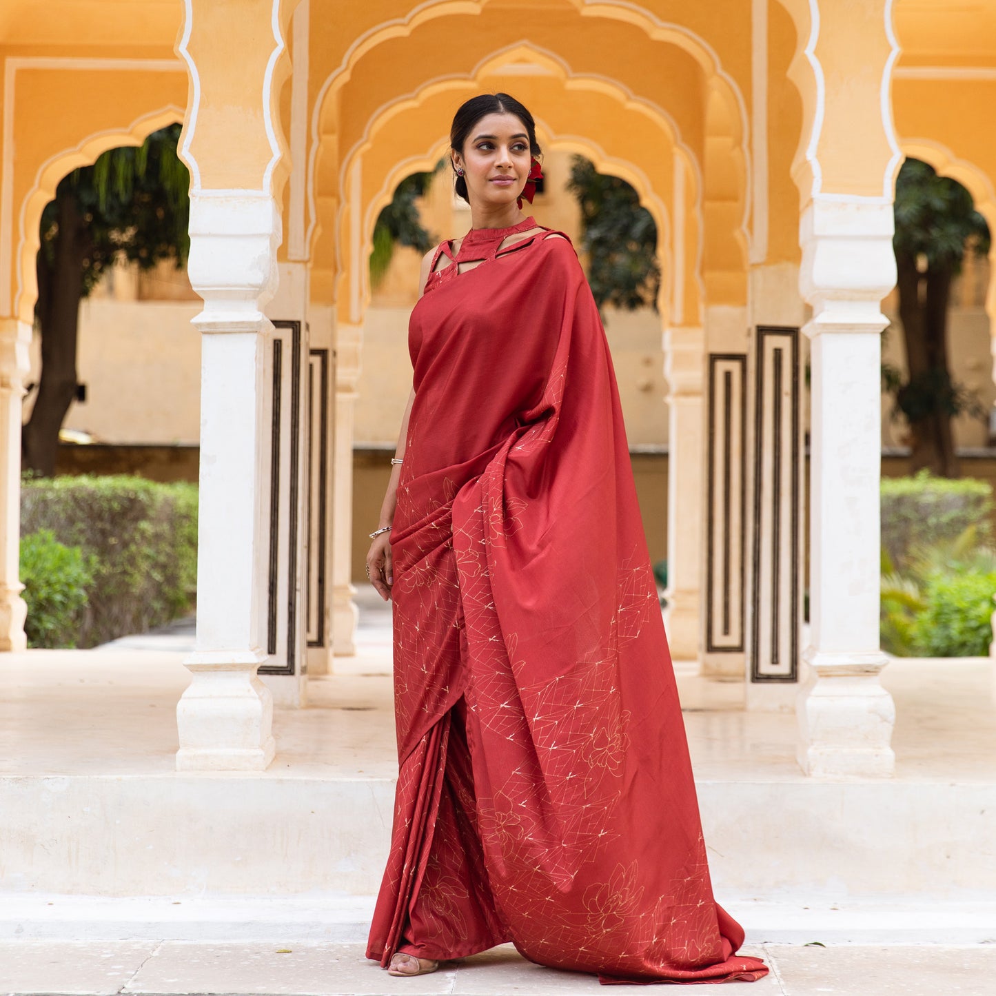 Diti Red Printed Pre Stitched Saree with Blouse