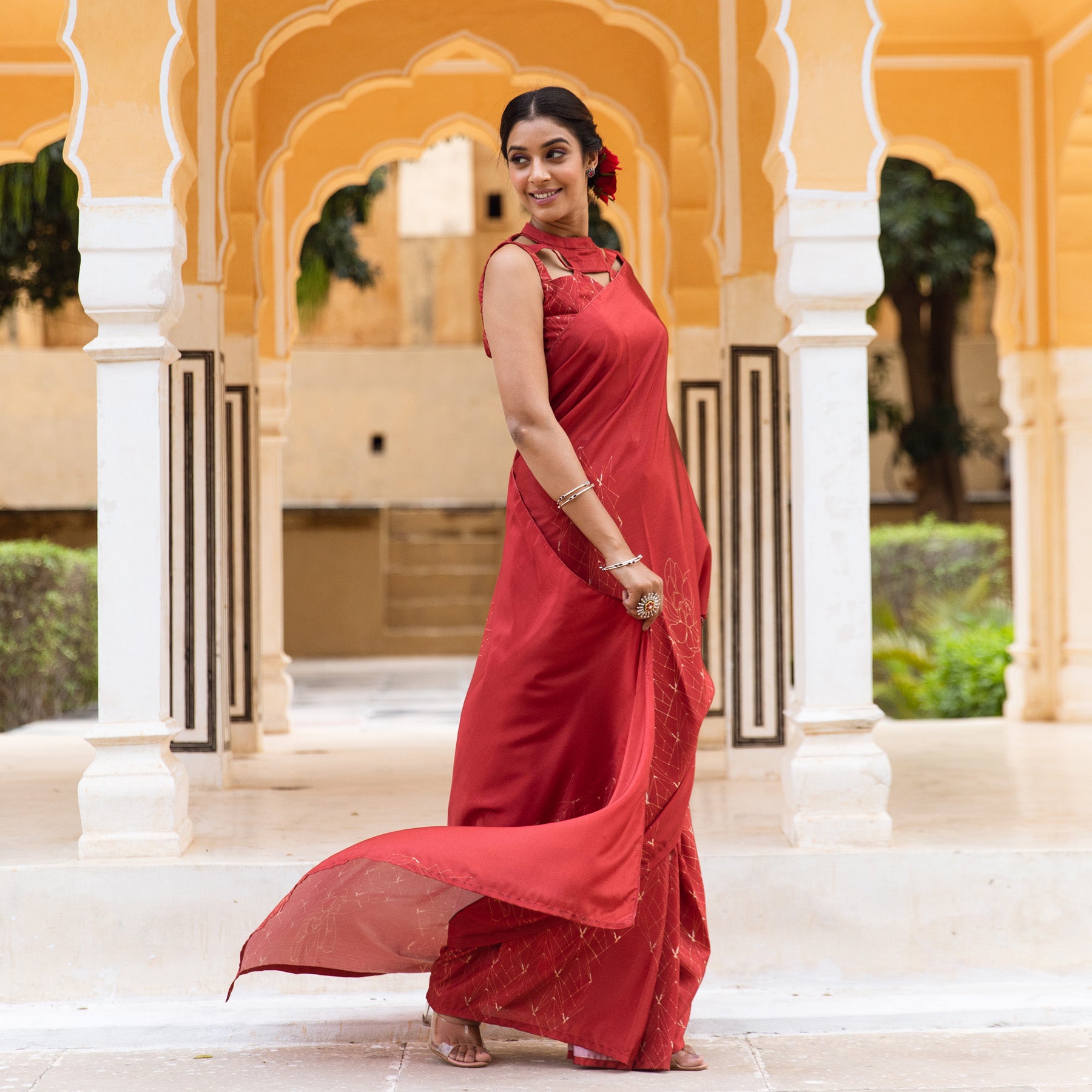 Hot Pink Scallop Printed Pre-Stitched Saree - Hijab Online