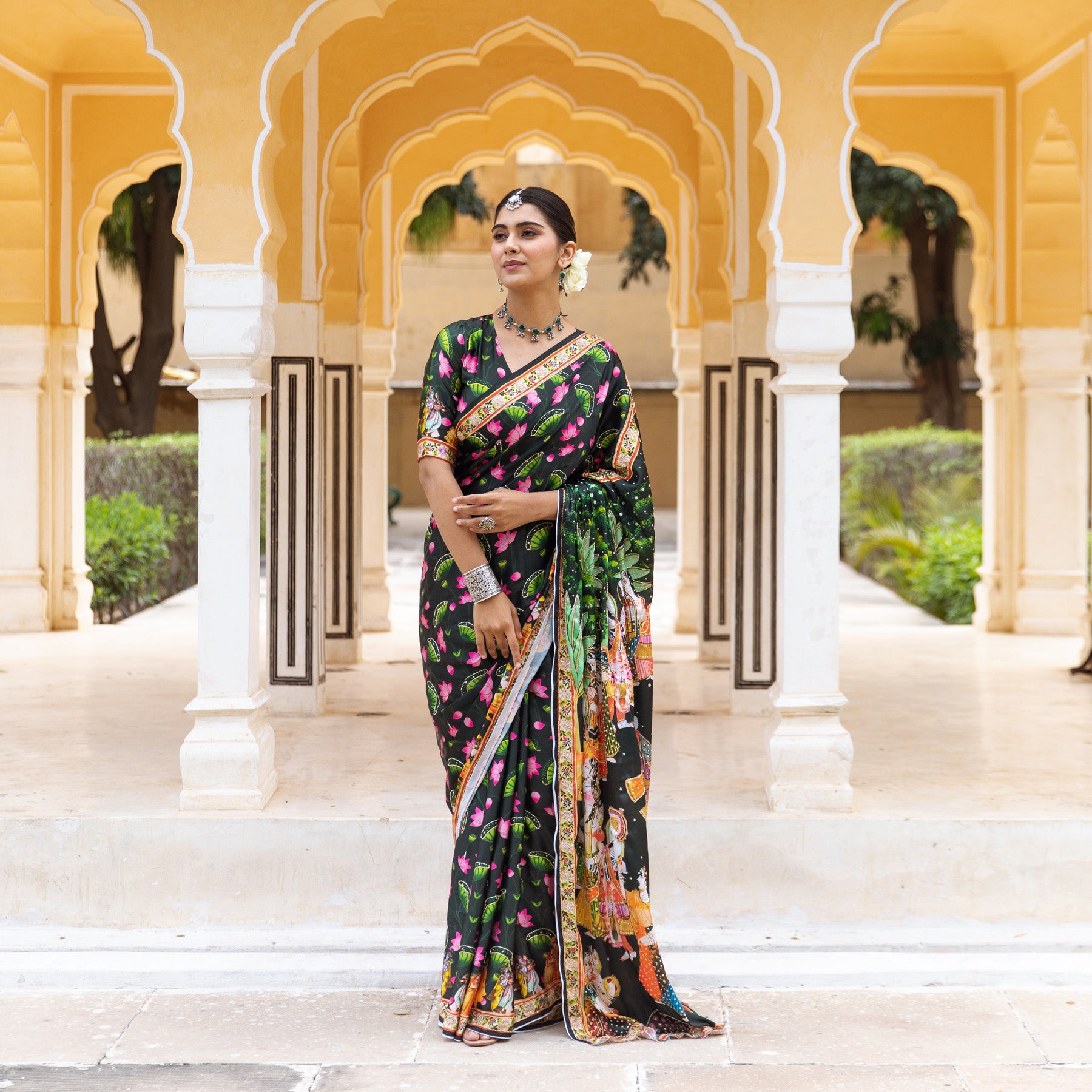 Green & Pink Designer Satin Crepe Printed Saree: Top Pick – Ethnos