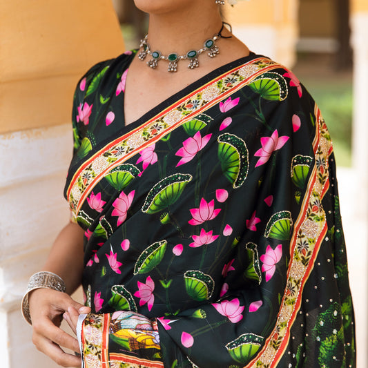 Madhubani Satin Printed Zardozi Saree with blouse