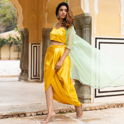 Aabha Mirror Work Satin Drape Skirt with Net Shrug