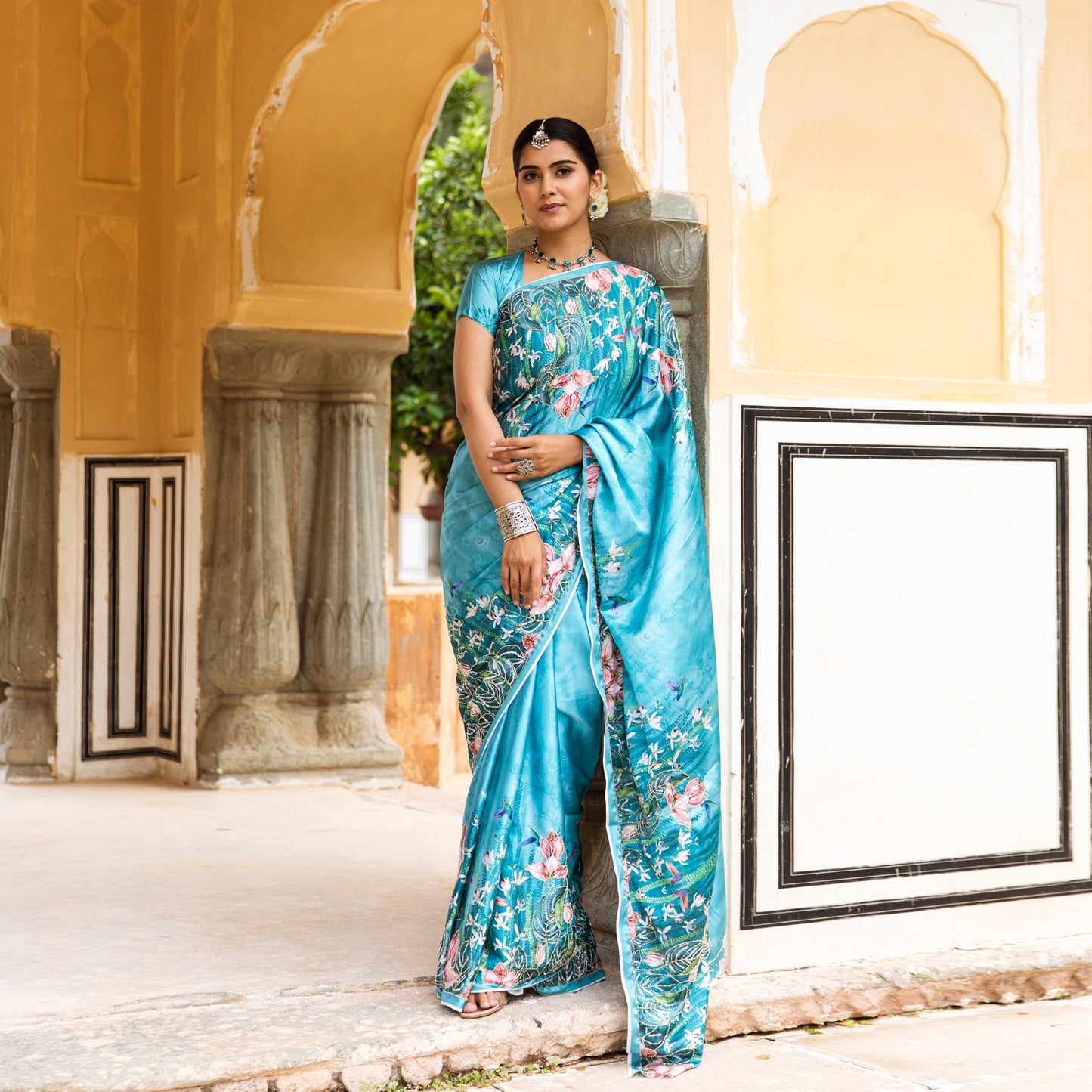 Floral Blue Satin Printed Zardozi Saree with blouse