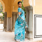 Floral Blue Satin Printed Zardozi Saree with blouse