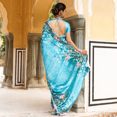 Floral Blue Satin Printed Zardozi Saree with blouse