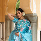 Floral Blue Satin Printed Zardozi Saree with blouse