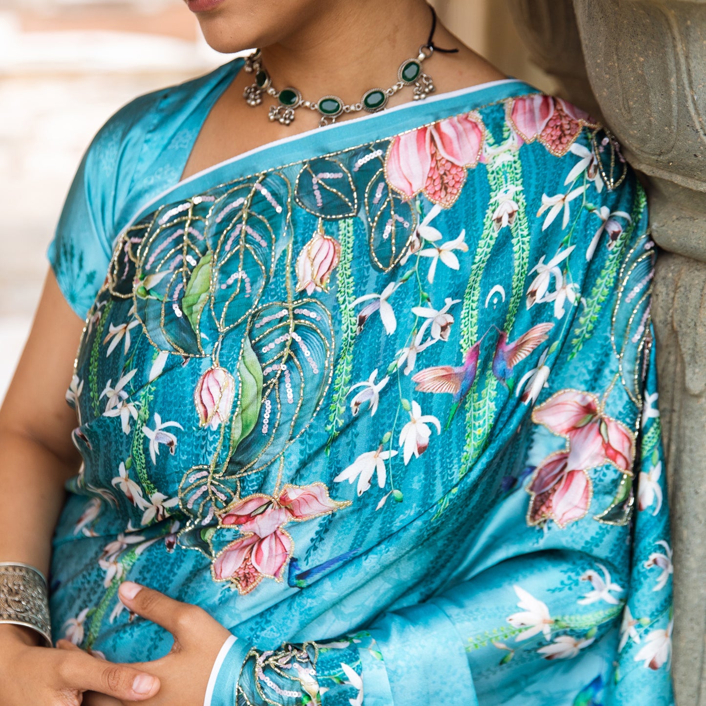 Floral Blue Satin Printed Zardozi Saree with blouse