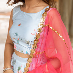 Kimaya Satin Blue Floral Lehnga Set