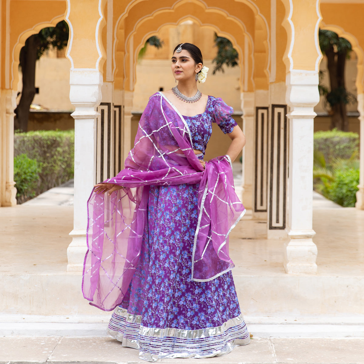 Lilac georgette Floral Lehnga Set