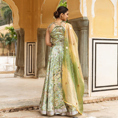 Green Satin Printed Lehnga Set