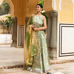 Green Satin Printed Lehnga Set