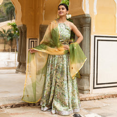 Green Satin Printed Lehnga Set