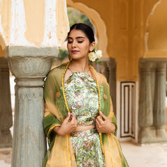 Green Satin Printed Lehnga Set