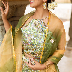 Green Satin Printed Lehnga Set