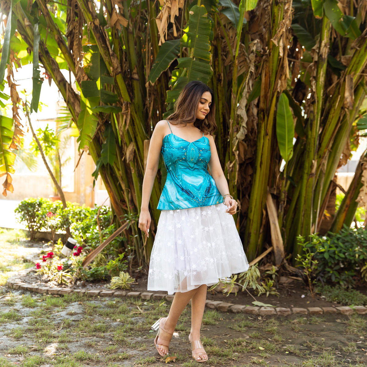 Daisy Blue Top with White Embroidered Skirt Dress