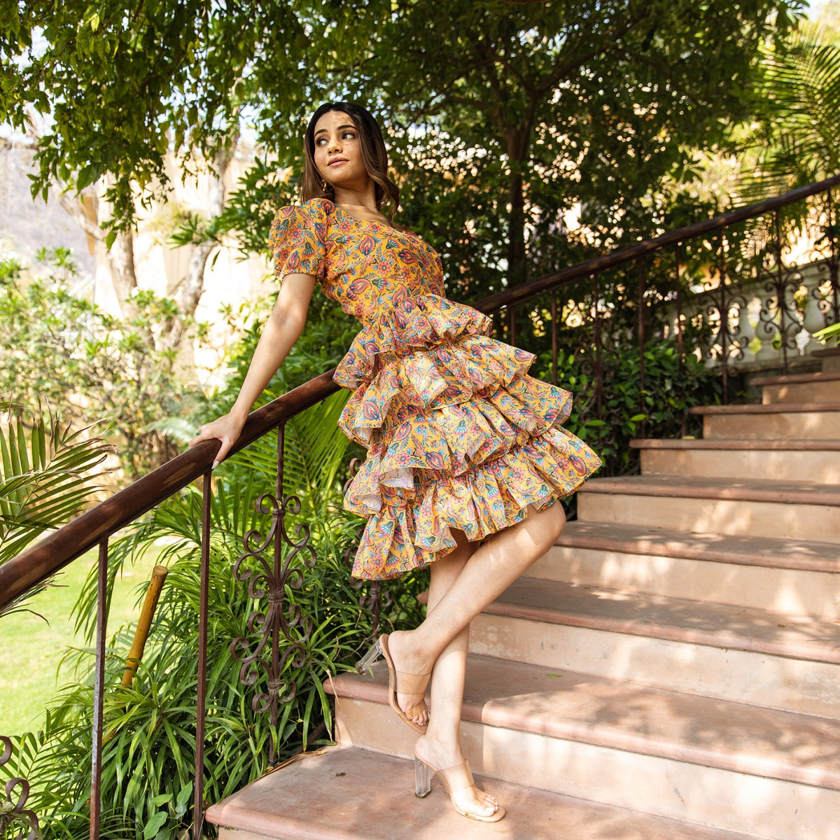 Bella Yellow Printed Frill Dress ASHEERA Bella Yellow Printed Frill Dress ASHEERA