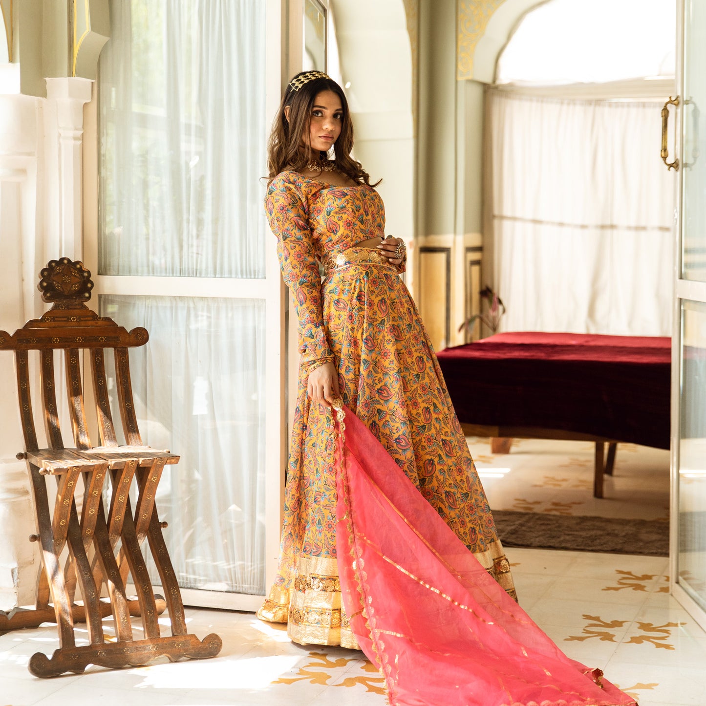 Yellow Chanderi Printed Gota Work Lehnga Set