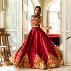 Royal Red Satin Gota work with Printed Jacket Lehnga Set