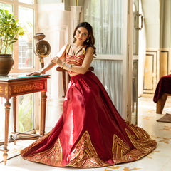 Royal Red Satin Gota work with Printed Jacket Lehnga Set