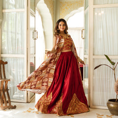 Royal Red Satin Gota work with Printed Jacket Lehnga Set