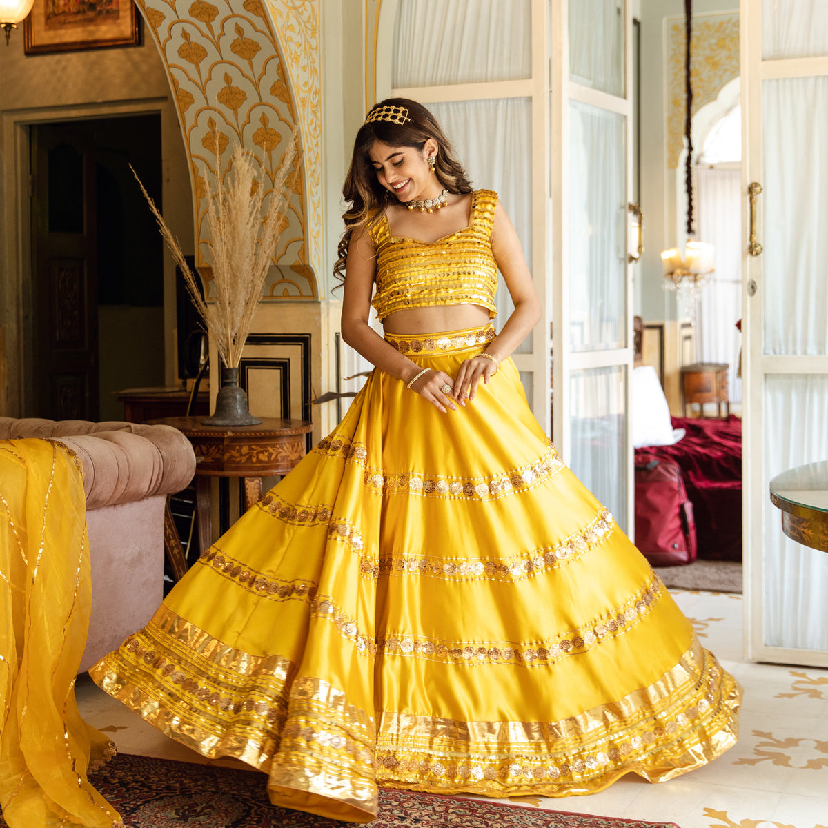 Meera Yellow Heavy Sequins Work Lehnga Set