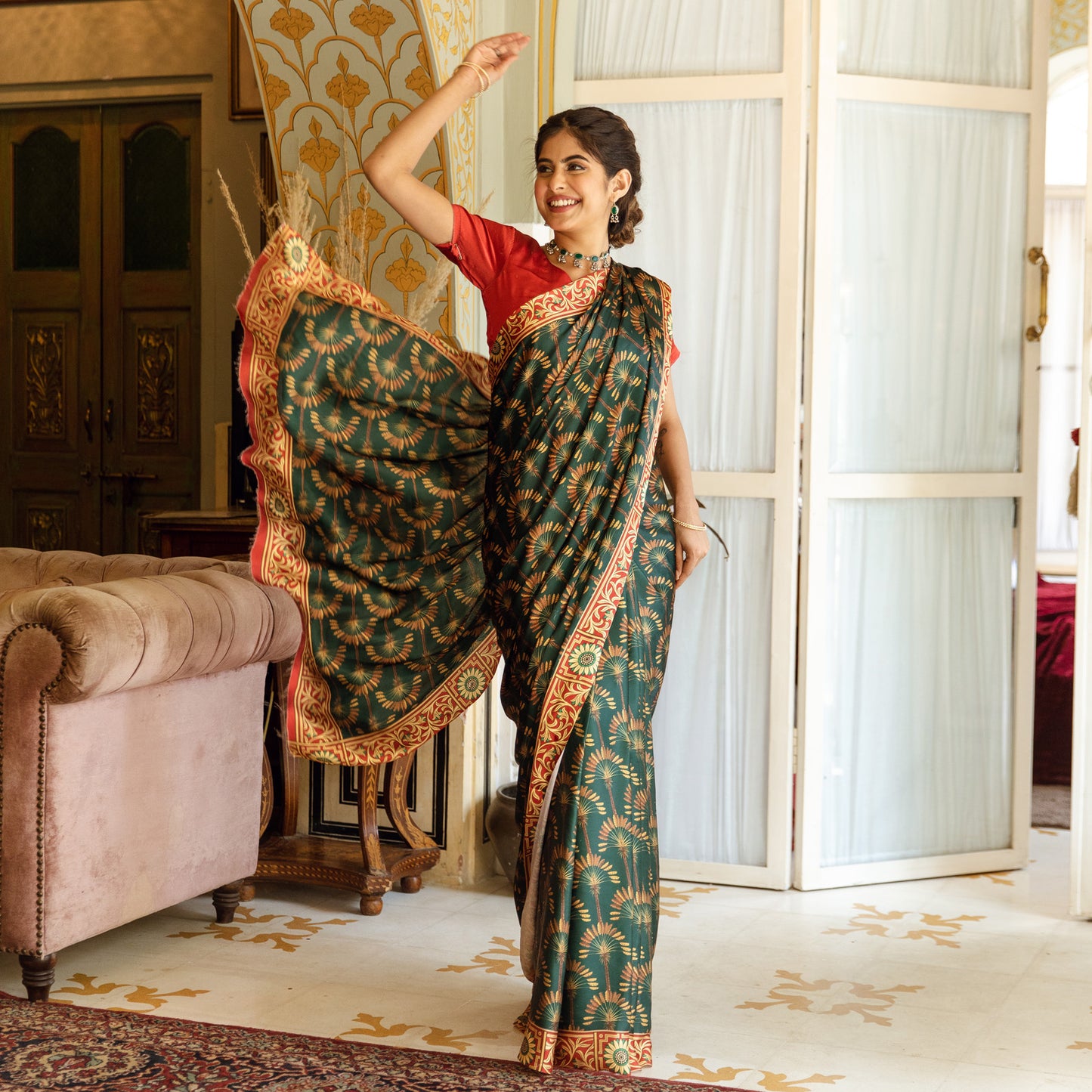 Teej Green Printed Satin Silk Saree with Blouse