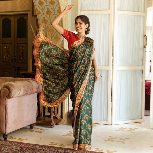Teej Green Printed Satin Silk Saree with Blouse
